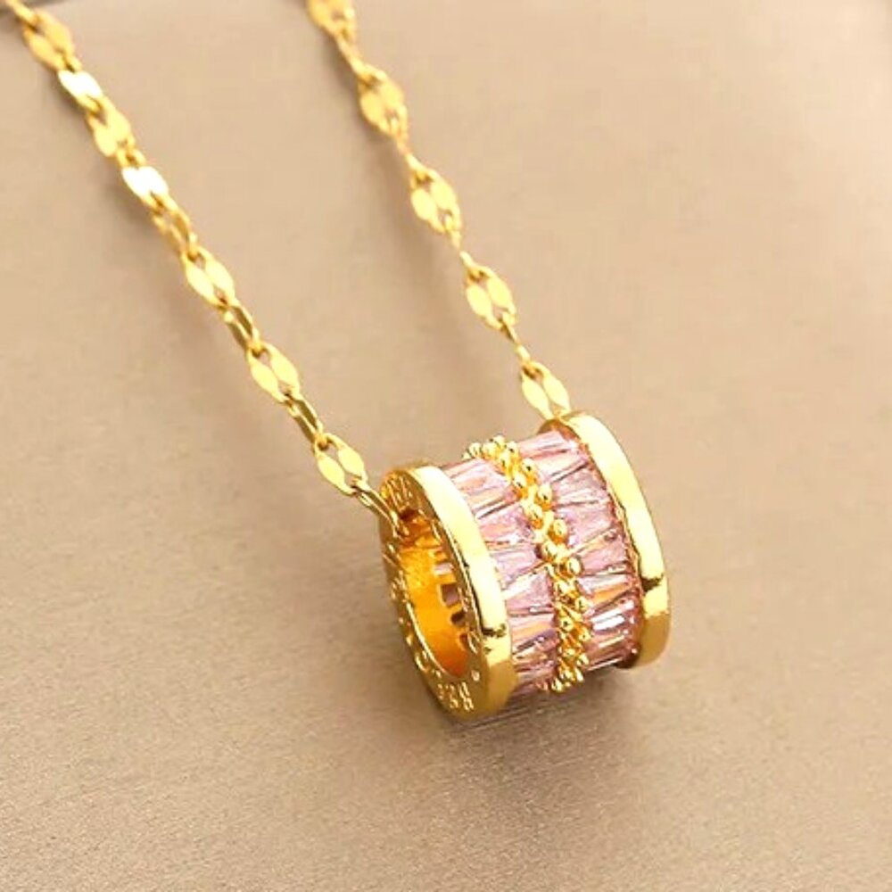 18k GOLD BARREL NECKLACE INLAID WITH BEAUTIFUL PINK CUBIC ZIRCONIAS